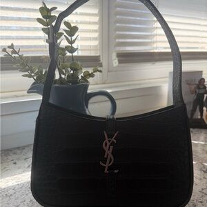 Black Croc-Embossed YSL-Style Shoulder Bag